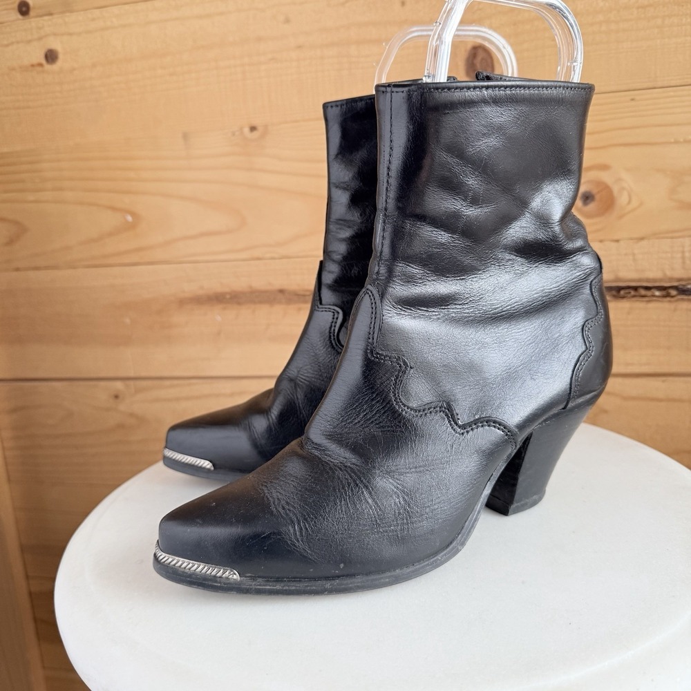 VTG Leather Ankle Boots 6.5m Black Cowgirl Western‎ Boho Whimsigoth *Flaws*